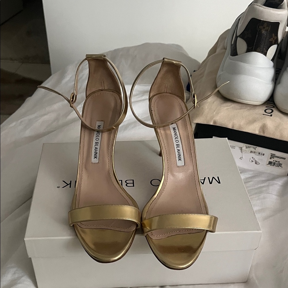 Manolo Blahnik Gold Ankle Strap Heels